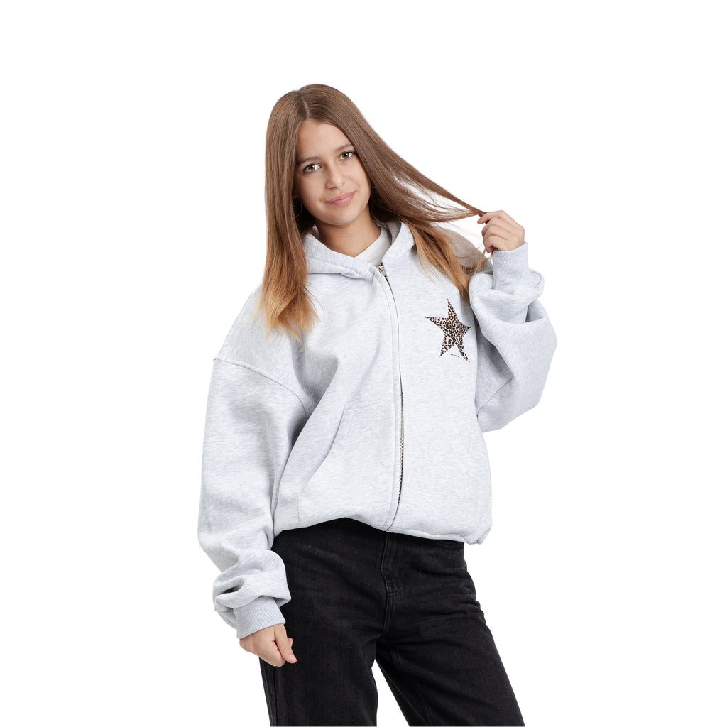 Sweatshirt Zip Leopard Stars Grau