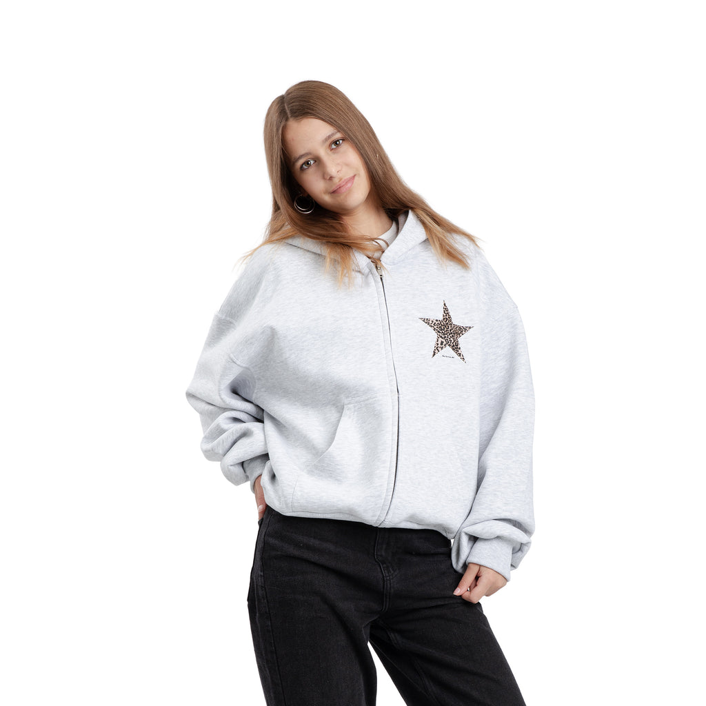 Sweatshirt Zip Leopard Stars Grau