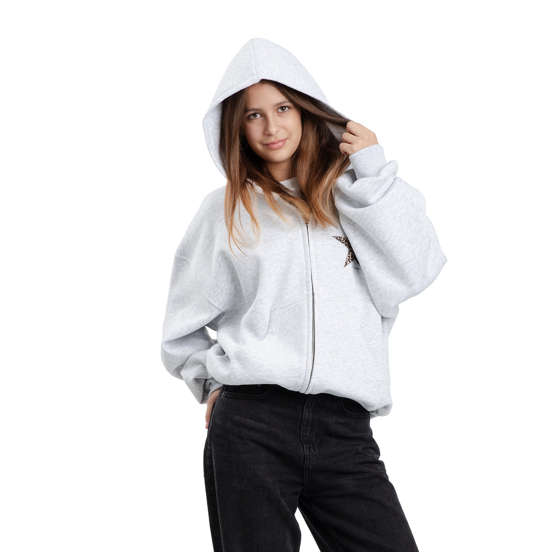 Sweatshirt Zip Leopard Stars Grau
